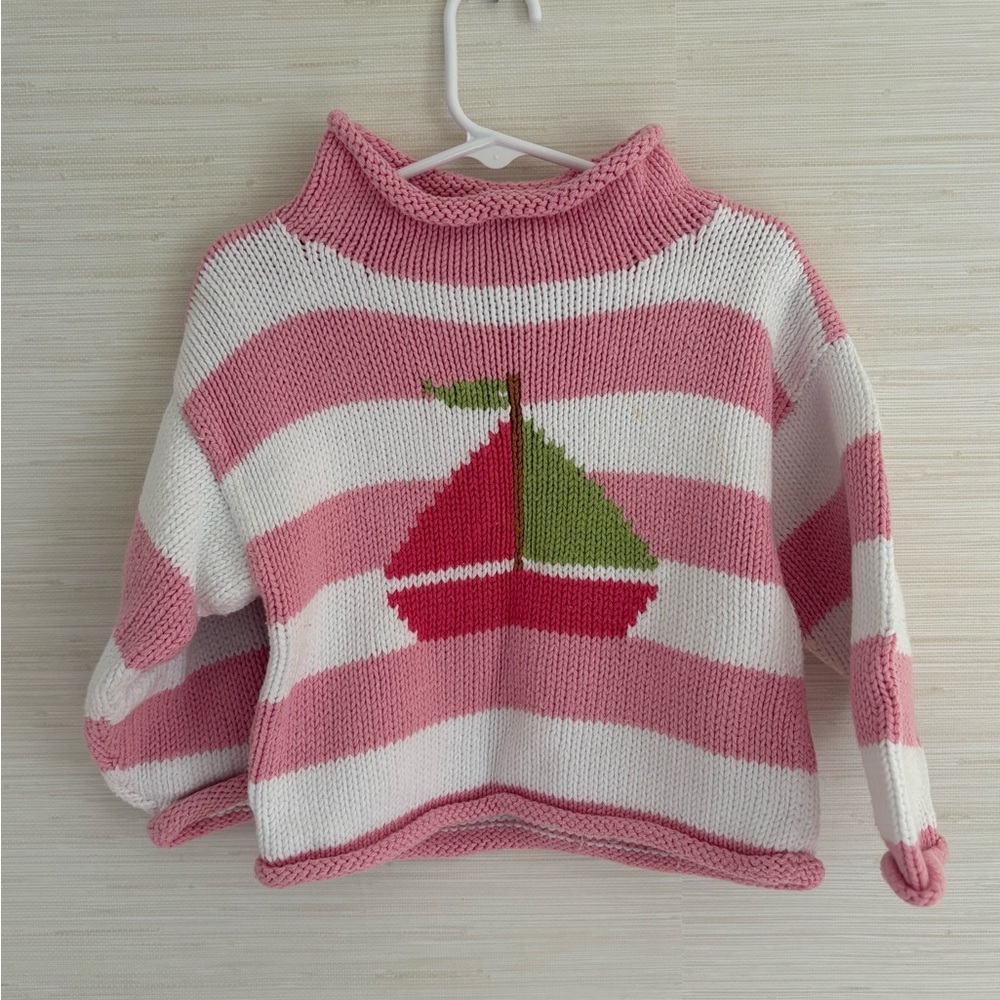 Kids Pink & White Striped Sweater with Sailboat Motif